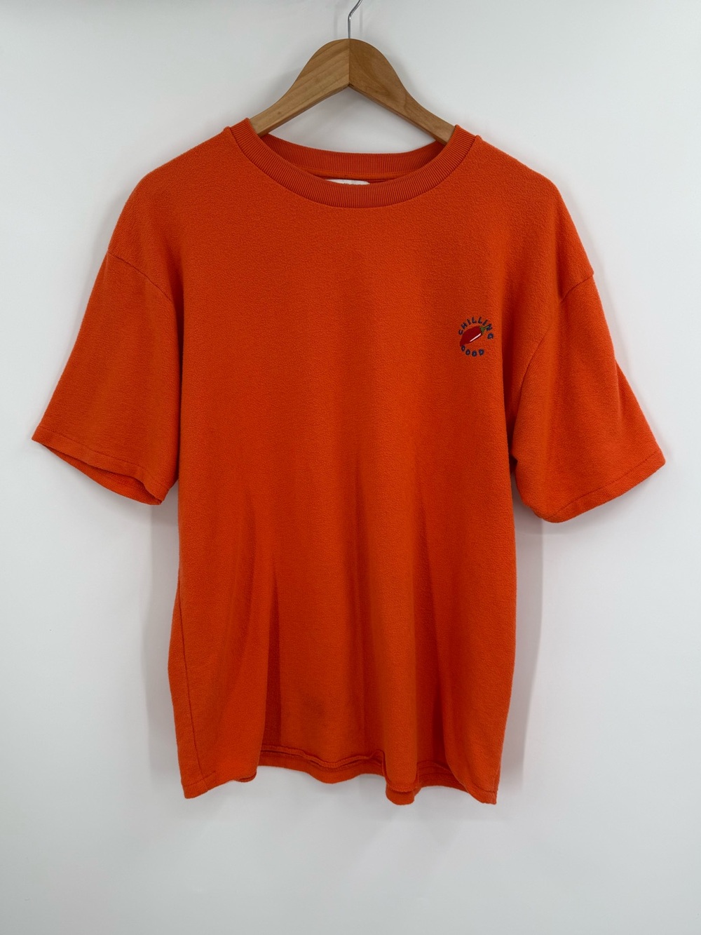 Zara Chilling Good Embroidered Chili Pepper Textured Knit Tee | Orange | Large
